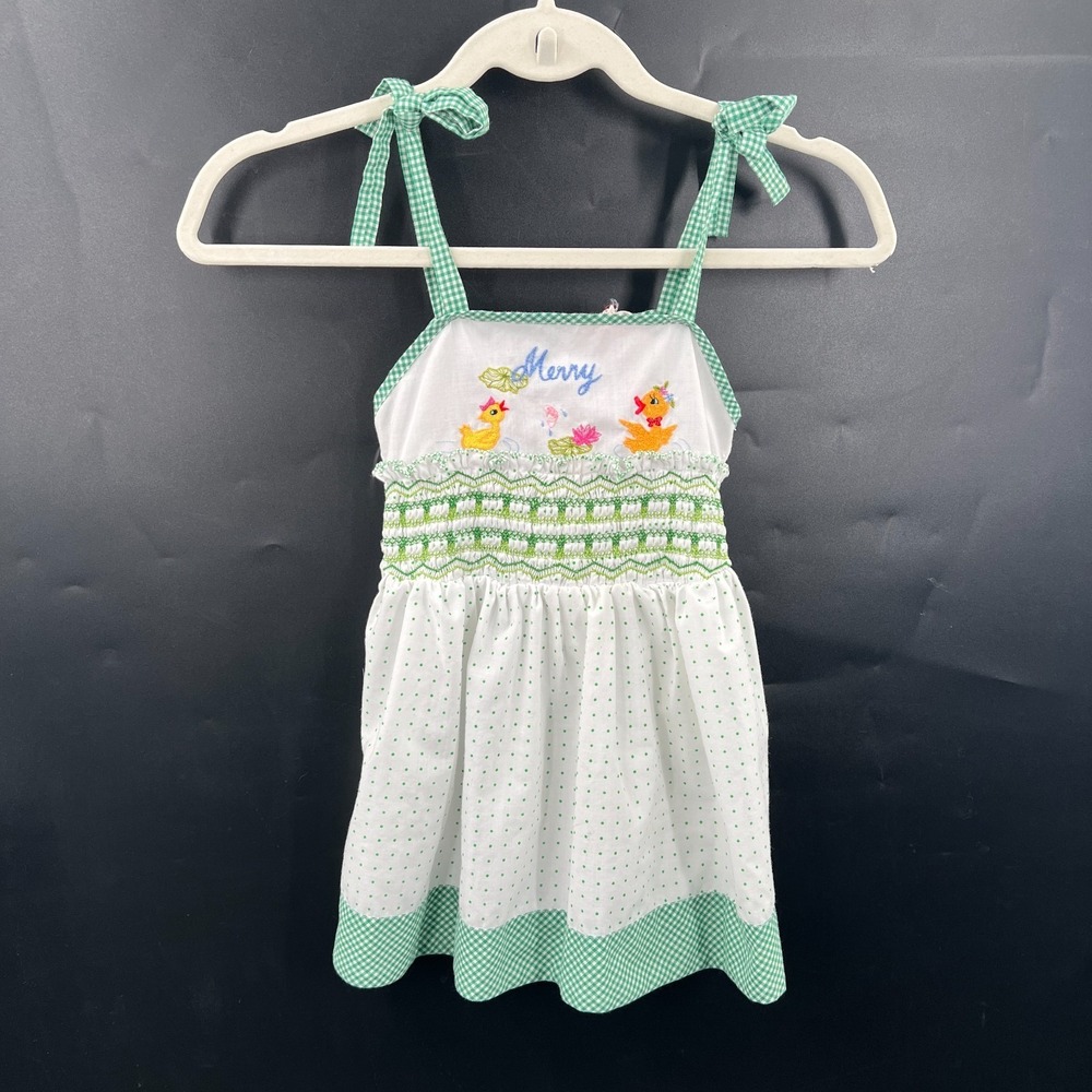 Vintage Plum Blossom smocked embroidered MERRY duck dress green gingham 20 2T